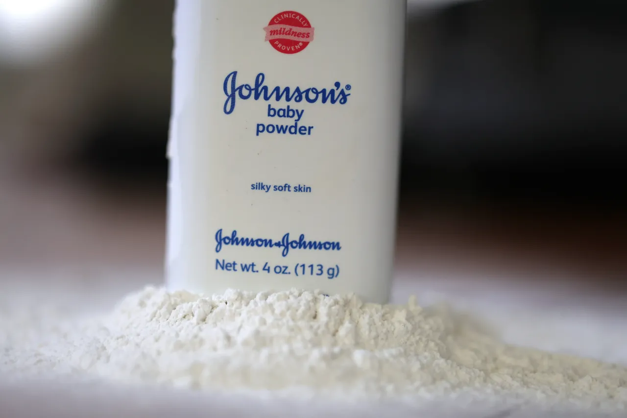 In this photo illustration, a container of Johnson and Johnson baby powder is displayed on April 05, 2023. (Photo Illustration by Justin Sullivan/Getty Images)