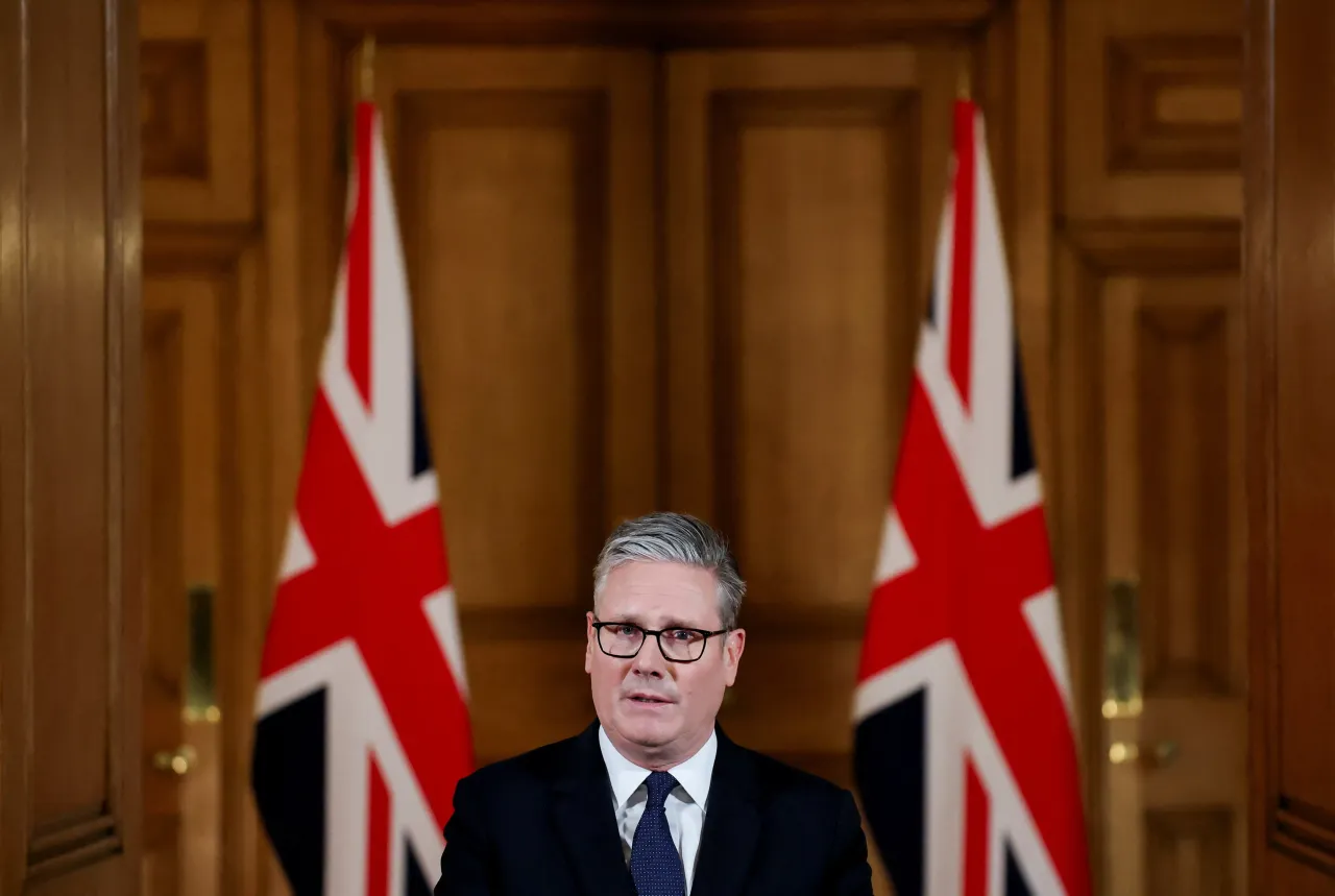 UK Prime Minister Keir Starmer delivers a statement inside No. 10 Downing Street on the day the cabinet was recalled to discuss the situation in Gaza