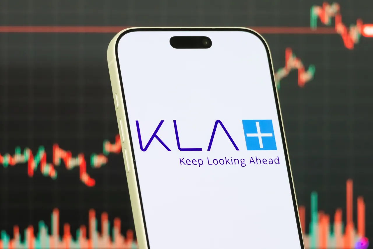 In this photo illustration, a smartphone displays the logo of KLA Corporation, an American semiconductor equipment and process control company