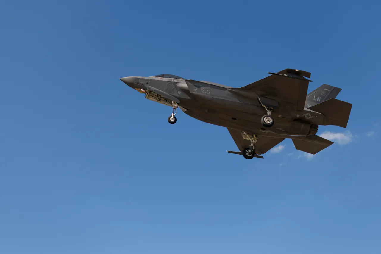A US Air Force fifth generation F-35A Lightning II stealth aircraft comes in to land
