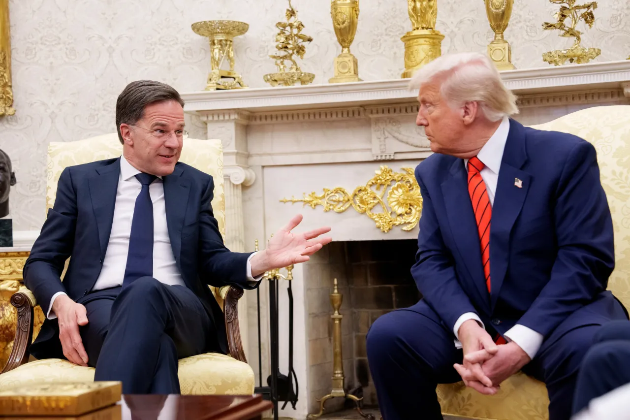 NATO Secretary General Mark Rutte speaks during a meeting with U.S. President Donald Trump in the Oval Office of the White House