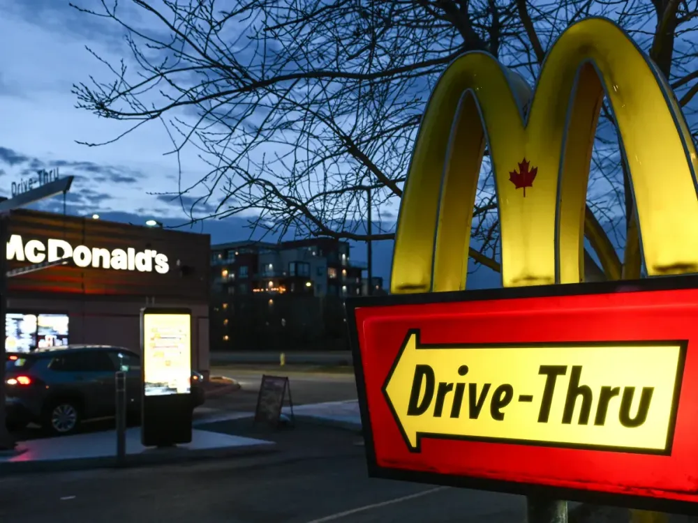 McDonald's Drive Thru sign seen outside a McDonald's fast food restaurant, in Edmonton, Alberta, on April 19, 2025. (Photo by Artur Widak/NurPhoto via Getty Images)