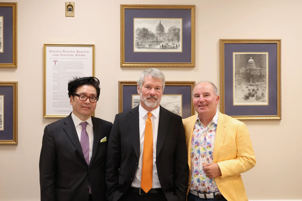 (L-R) Thomas Lee, Michael J. Saylor and Dan Ives on September 16, 2025 in Washington, DC. (Photo by Tasos Katopodis/Getty Images)