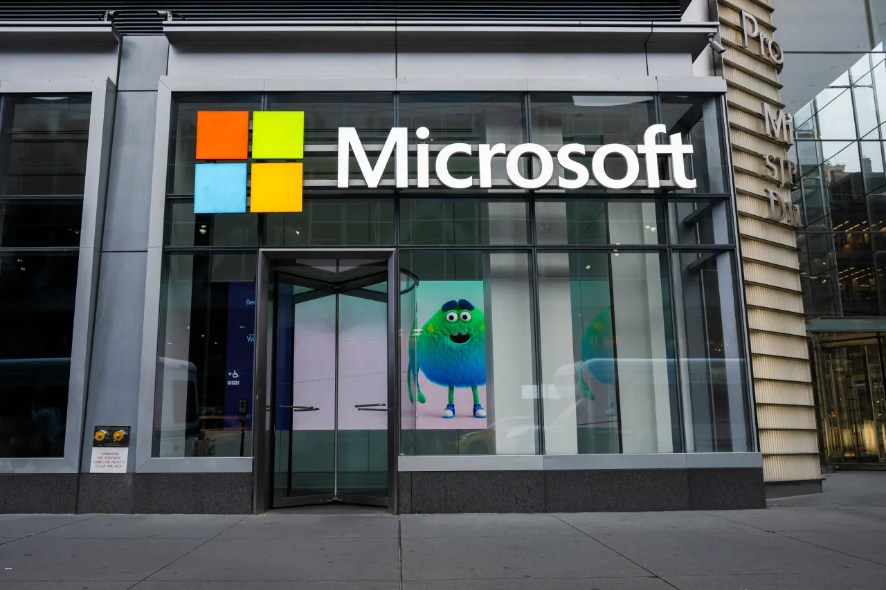 A view of the Microsoft corporate logo in front of the Microsoft Office building on 41st street and 8th avenue on May 13, 2025 in New York City