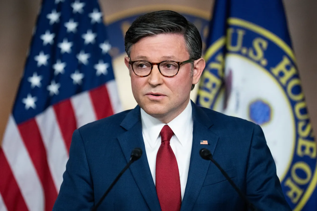 Speaker of the House Mike Johnson, R-La., briefs the media on the timeline to possibly end the government shutdown in the Capitol Visitor Center on Monday, November 10, 2025. (Tom Williams/CQ-Roll Call, Inc via Getty Images)