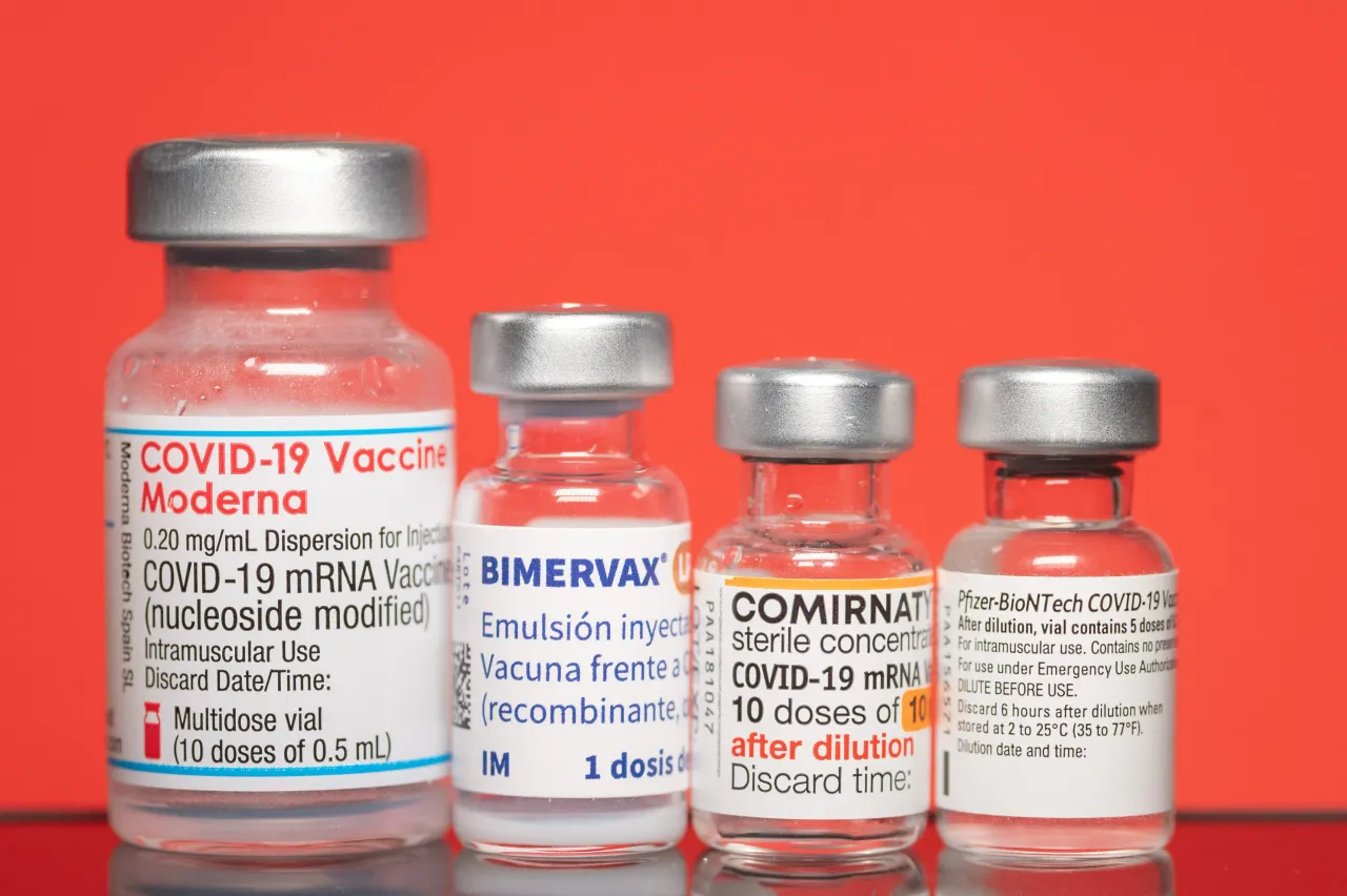 In this photo illustration vials of vaccines for coronavirus (COVID-19). Vaccines from left to right, Moderna, Bimervax, Comirnaty and Pfizer BioNTech. (Photo Illustration by Marcos del Mazo/LightRocket via Getty Images)