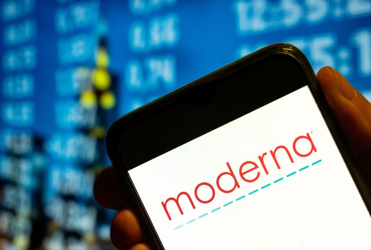 In this photo illustration, the American pharmaceutical and biotechnology company Moderna logo is displayed on a smartphone screen. (Photo Illustration by Budrul Chukrut/SOPA Images/LightRocket via Getty Images)