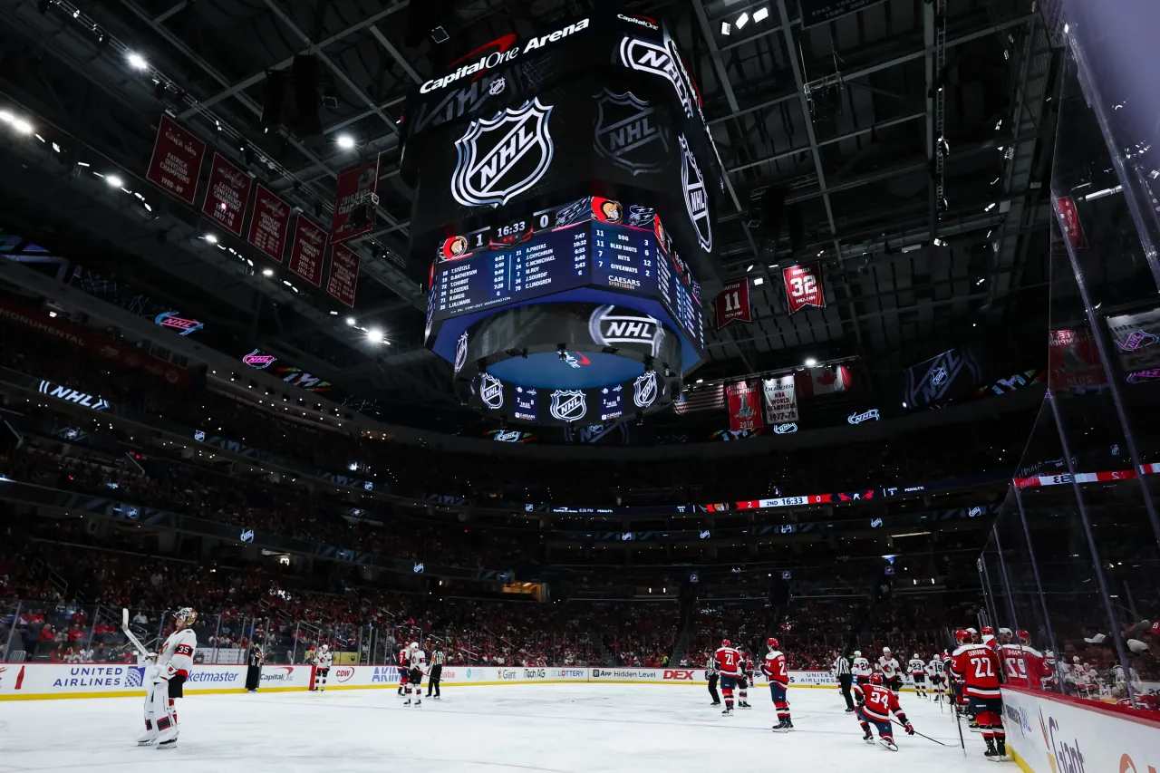 A general view of the NHL logo on the scoreboard during the second period of the game between the Washington Capitals and the Ottawa Senators at Capital One Arena on October 25, 2025 in Washington, DC