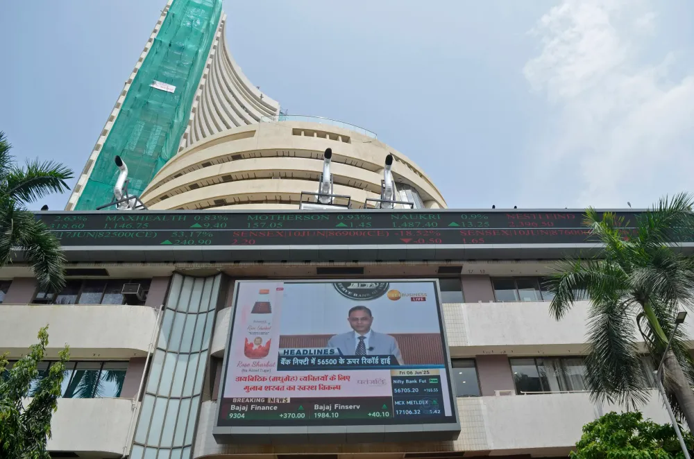 A live streaming screen of the Bombay Stock Exchange building in Mumbai, India, on June 6, 2025. (Photo by Indranil Aditya/NurPhoto via Getty Images)