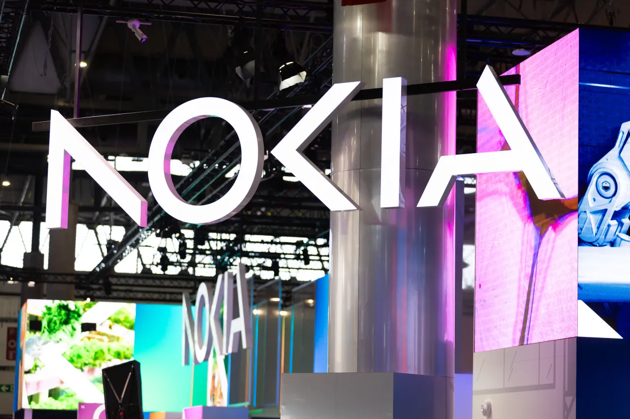 A logo sits illuminated at the Nokia booth at Mobile Congress 2025 on March 06, 2025 in Barcelona, Spain. (Photo by Eric Alonso/Getty Images)