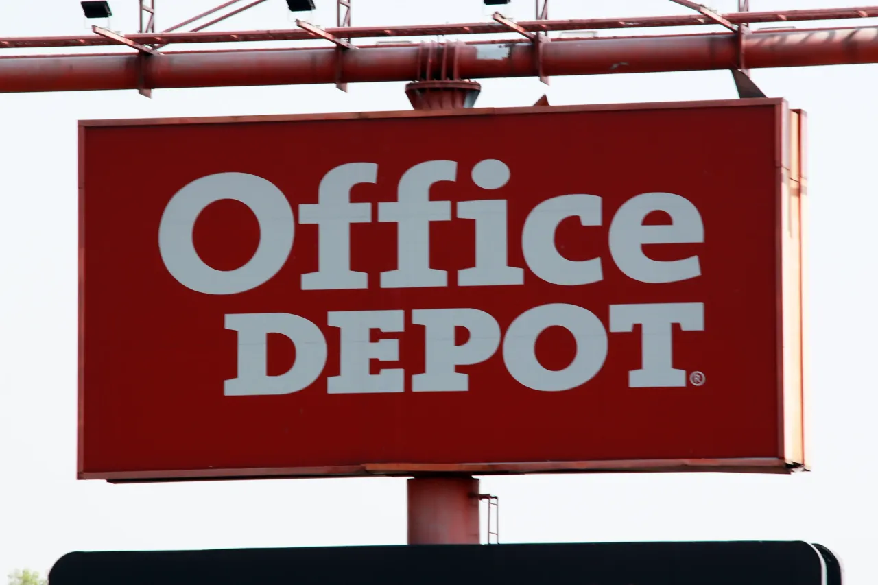 The logo of the Office Depot retail company, which sells office supplies, technology, furniture, school supplies, and more in Mexico City, Mexico, on December 12, 2024. (Photo Illustration by Jose Luis Torales/NurPhoto via Getty Images)