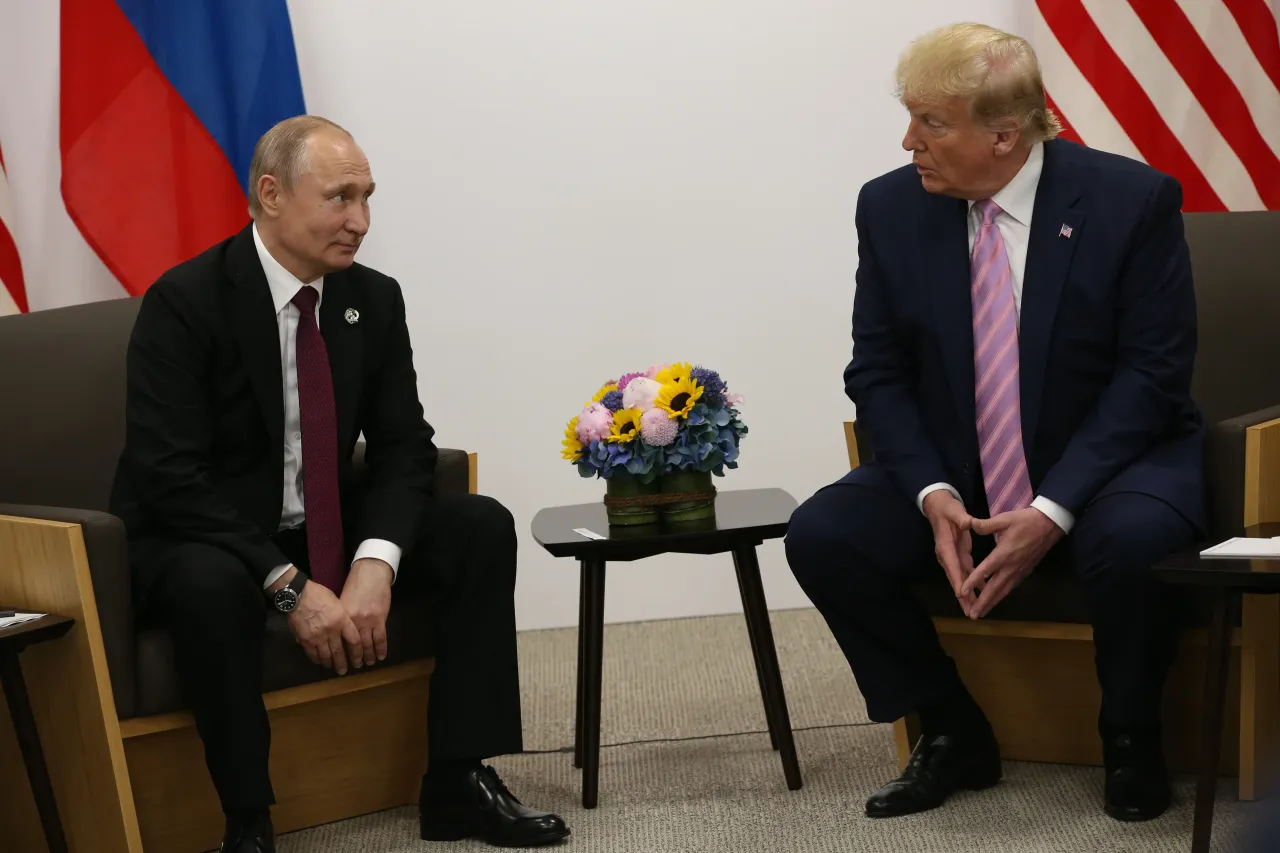 U.S. President Donald Trump (R) and Russian President Vladimir Putin (L) attend their bilateral meeting at the G20 Osaka Summit 2019, in Osaka, Japan, June,28,2019. (Photo by Mikhail Svetlov/Getty Images)
