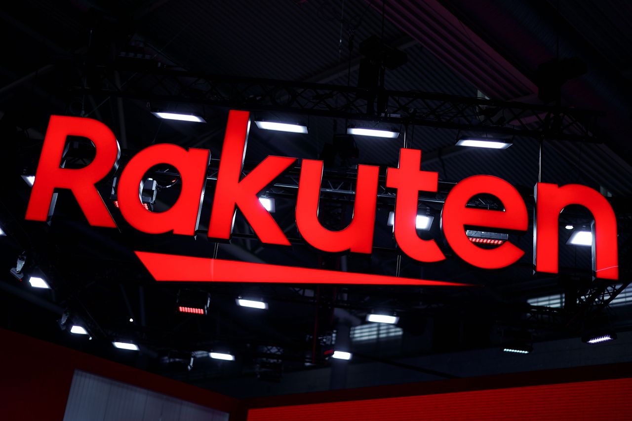 The Rakuten logo is displayed at the company's pavilion in Hall 2 during the Mobile World Congress in Barcelona, Spain, on March 5, 2026. (Photo by Joan Cros/NurPhoto via Getty Images)