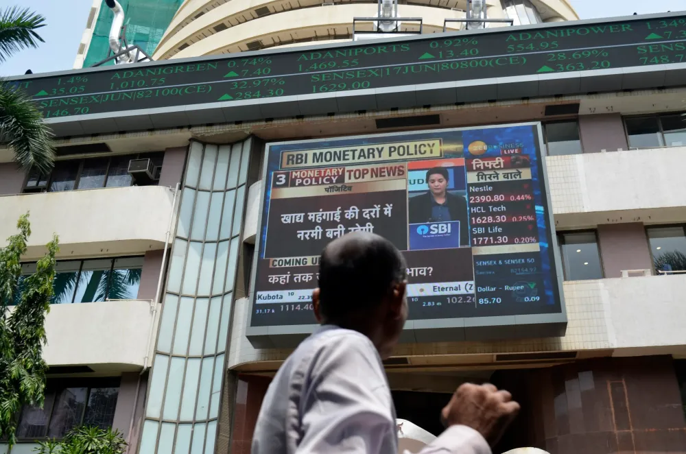 A live streaming screen of the Bombay Stock Exchange building in Mumbai, India, on June 6, 2025. (Photo by Indranil Aditya/NurPhoto via Getty Images)
