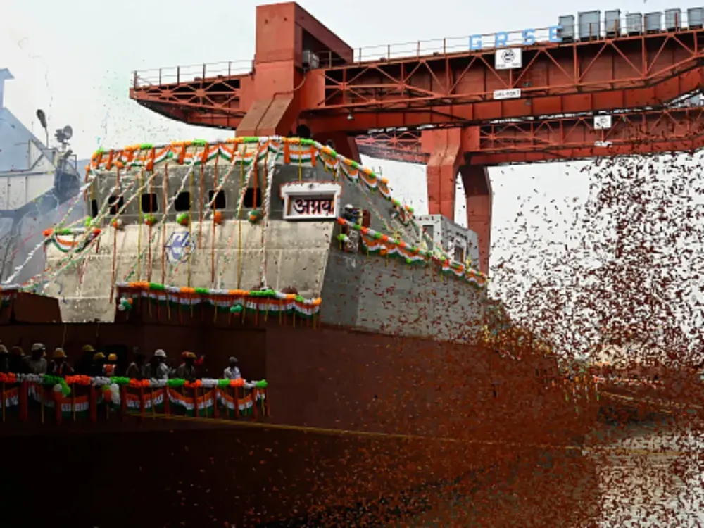 Launching of two ASW SWC warships for the Indian Navy built by Garden Reach Shipbuilder & Engineers Ltd (GRSE) at Garden Reach on March 13, 2024 in Kolkata, India. (Photo by Samir Jana/Hindustan Times via Getty Images)