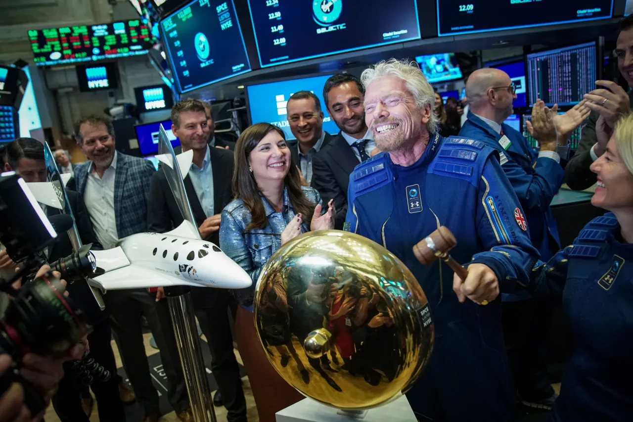 Sir Richard Branson, Founder of Virgin Galactic, rings a ceremonial bell on the floor of the New York Stock Exchange on October 28, 2019 in New York City. (Photo by Drew Angerer/Getty Images)