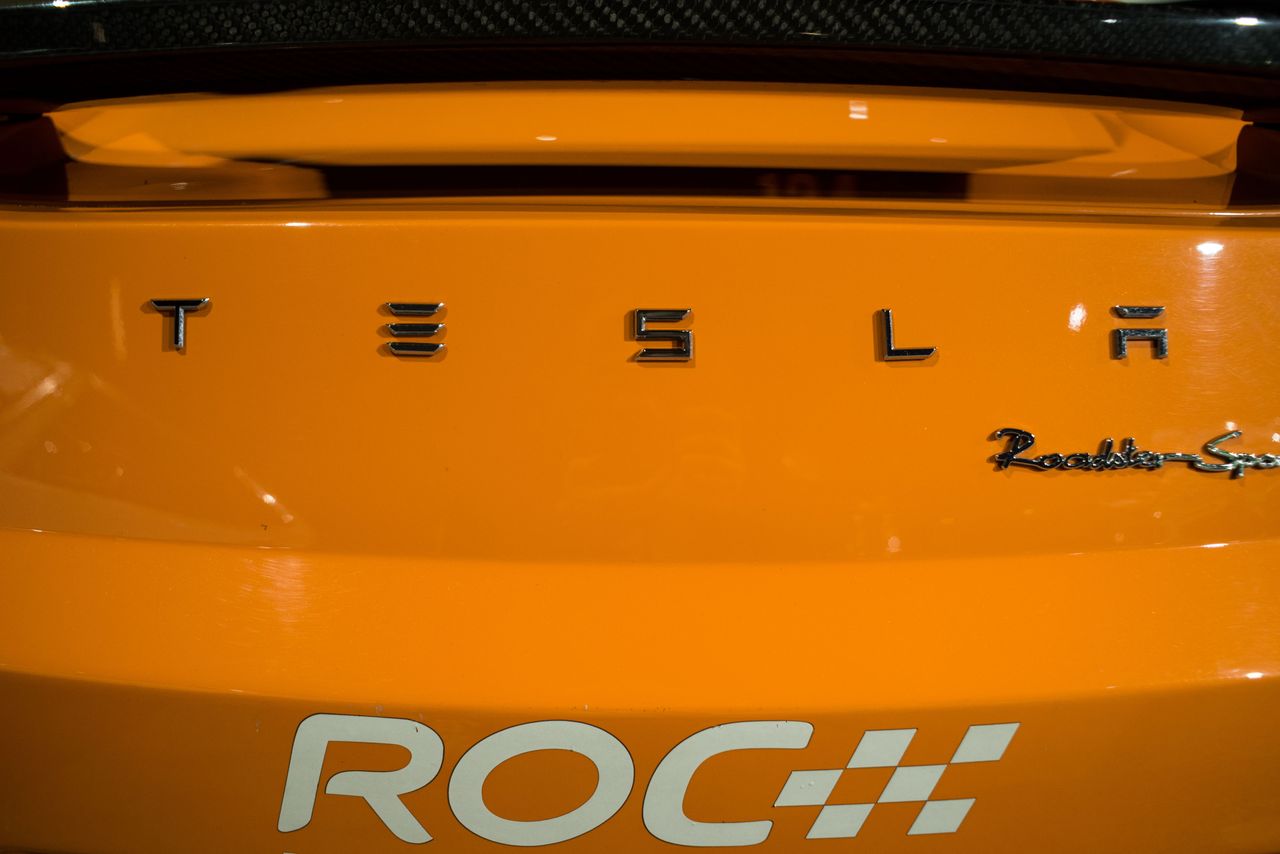 The Tesla Roadster in which Michael Schumacher competed in the 2010 Race of Champions at auction in Paris, 2 February, 2022. (Photo by Andrea Savorani Neri/NurPhoto via Getty Images)