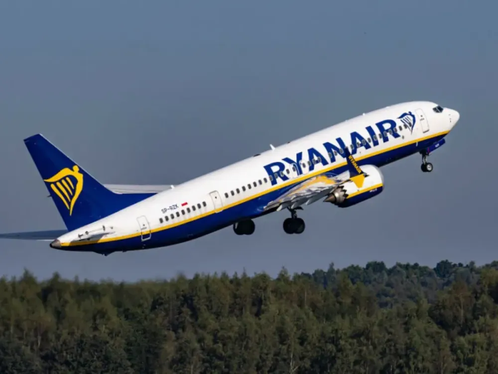Ryanair Boeing 737 MAX 8 as seen during taxiing, take off and flying phase in Eindhoven Airport.