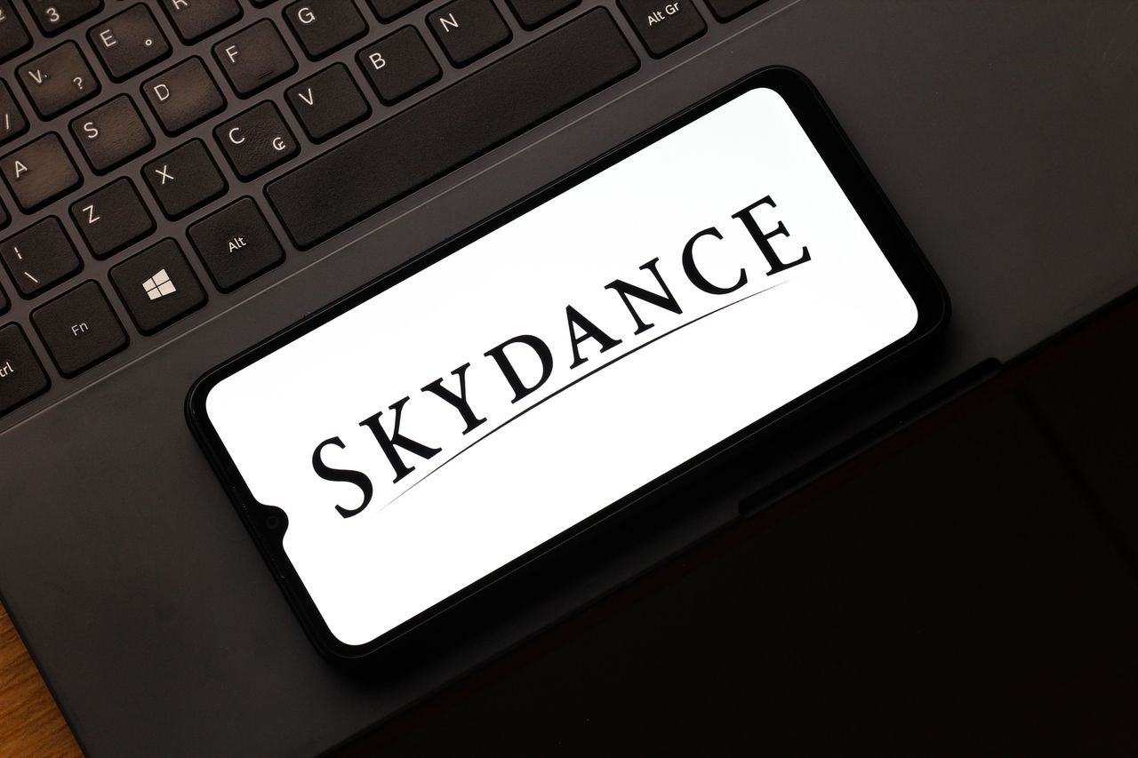 In this photo illustration, the Skydance (Sky Dance) logo is seen displayed on a smartphone screen. (Photo Illustration by Thomas Fuller/SOPA Images/LightRocket via Getty Images)