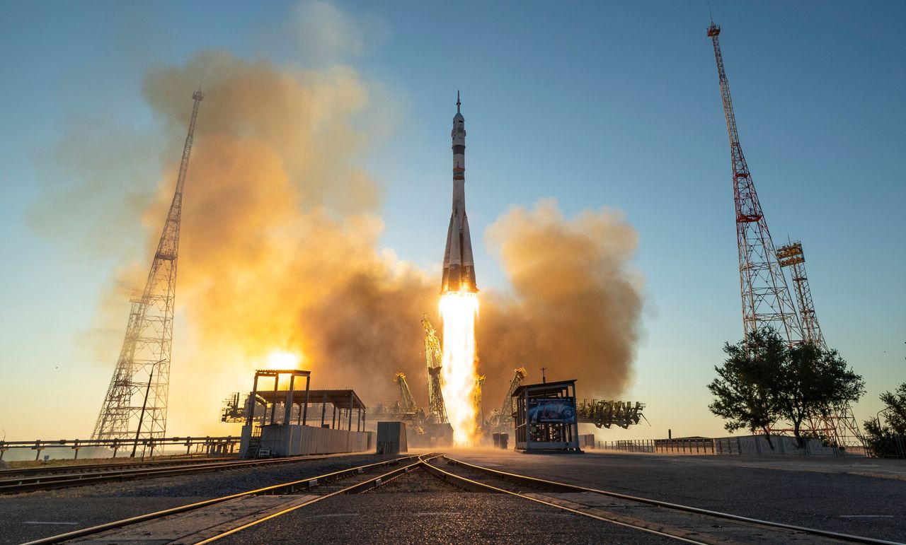 The Soyuz rocket launches to the International Space Station with Expedition 75 crewmembers: NASA astronaut Anil Menon, Roscosmos cosmonauts Pyotr Dubrov, and Anna Kikina onboard, on July 14, 2026. (Photo by Bill Ingalls/NASA via Getty Images)