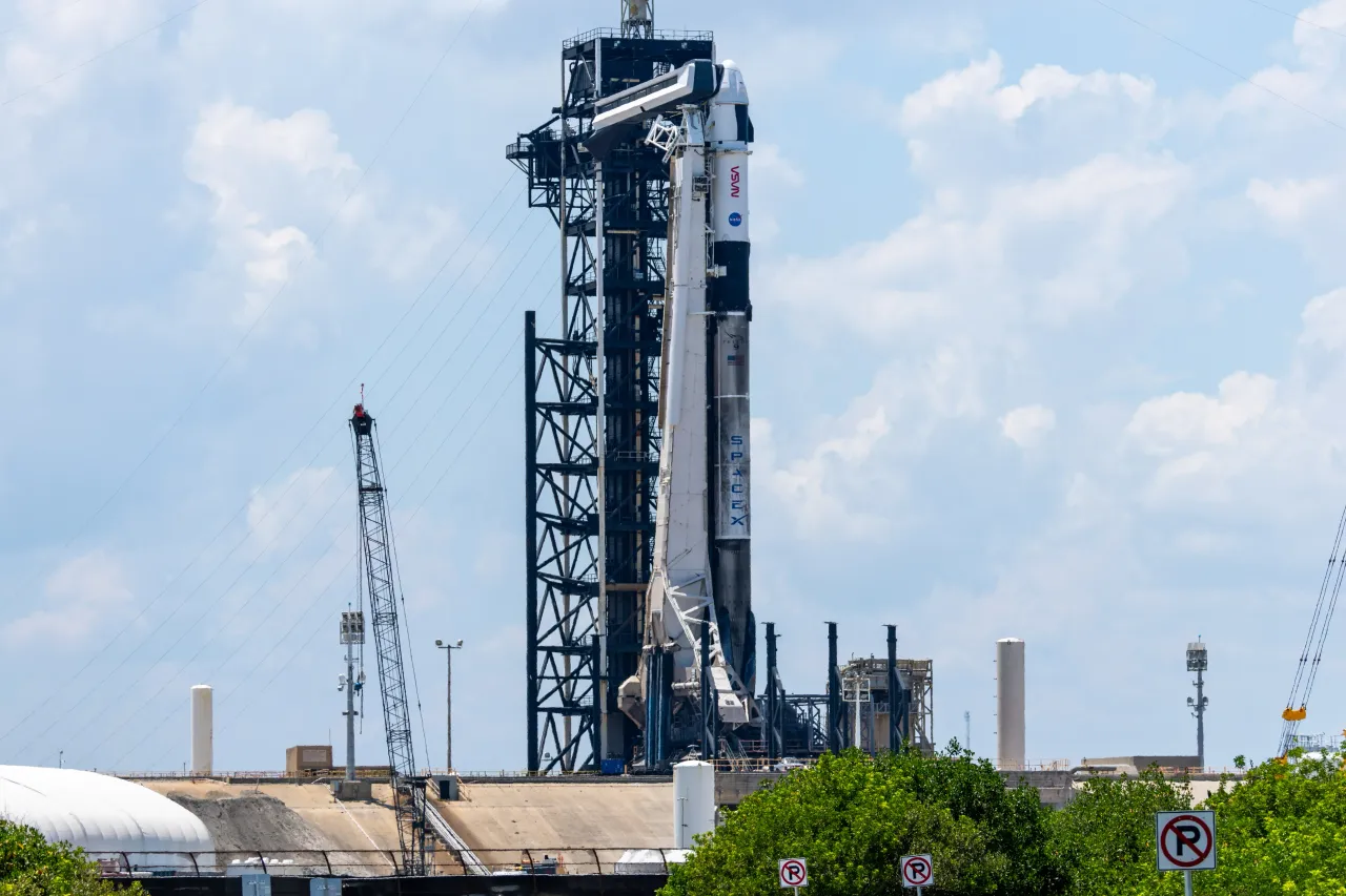 Falcon 9 and Dragon are poised on the launch pad prior to launching Crew-11 to the International Space Station at Launch Complex 39A in Merritt Island, FL, on July 30, 2025