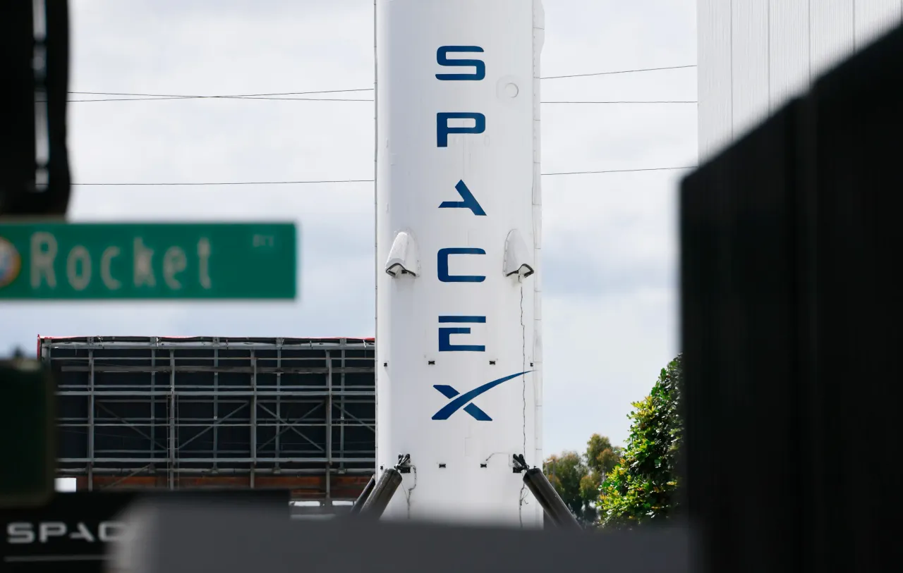 A SpaceX Falcon 9 rocket is displayed at a SpaceX facility on April 2, 2026 in Hawthorne, California. (Photo by Mario Tama/Getty Images)