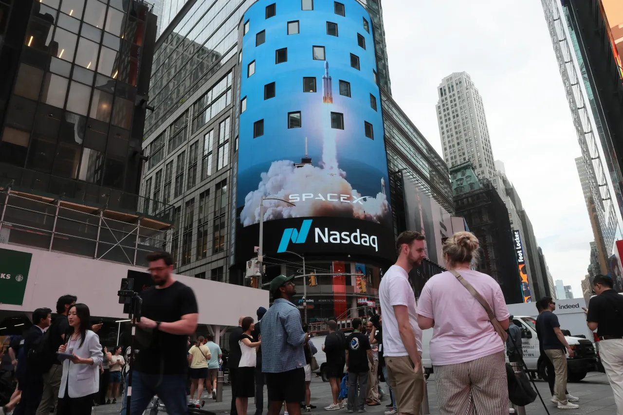 The SpaceX company logo is displayed outside of the Nasdaq Marketsite at the launch of the company's initial public offering (IPO) on June 12, 2026 in New York City. (Photo by Spencer Platt/Getty Images)