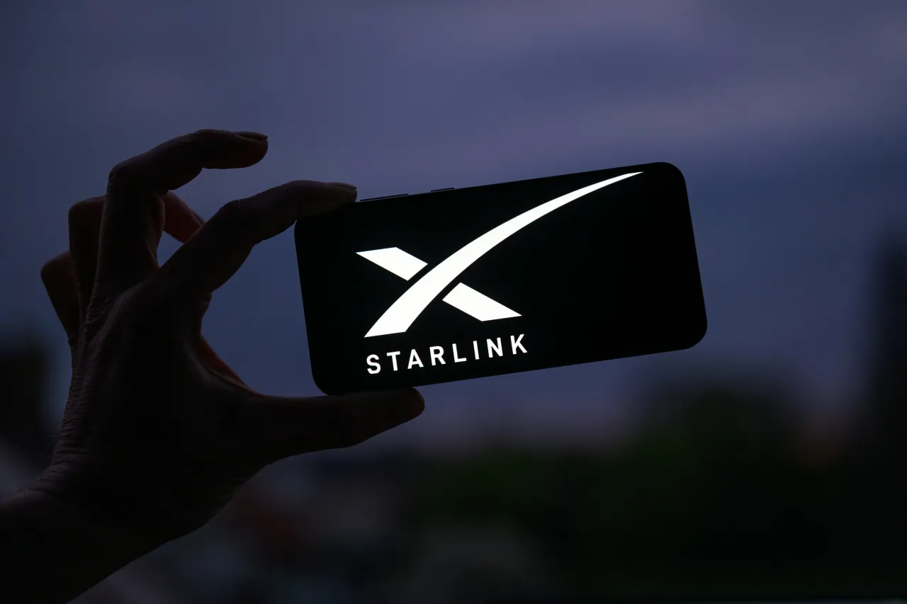 The SpaceX Starlink logo is displayed on a mobile phone in this photo illustration in Brussels, Belgium, on March 23, 2025.