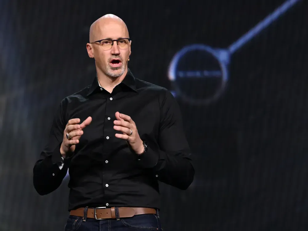 Sterling Anderson, Co-founder and Chief Product Officer at Aurora, speaks during Volvo's keynote at the 2025 Consumer Electronics Show (CES) in Las Vegas, Nevada, USA, on January 7, 2025. (Photo by Artur Widak/NurPhoto via Getty Images)
