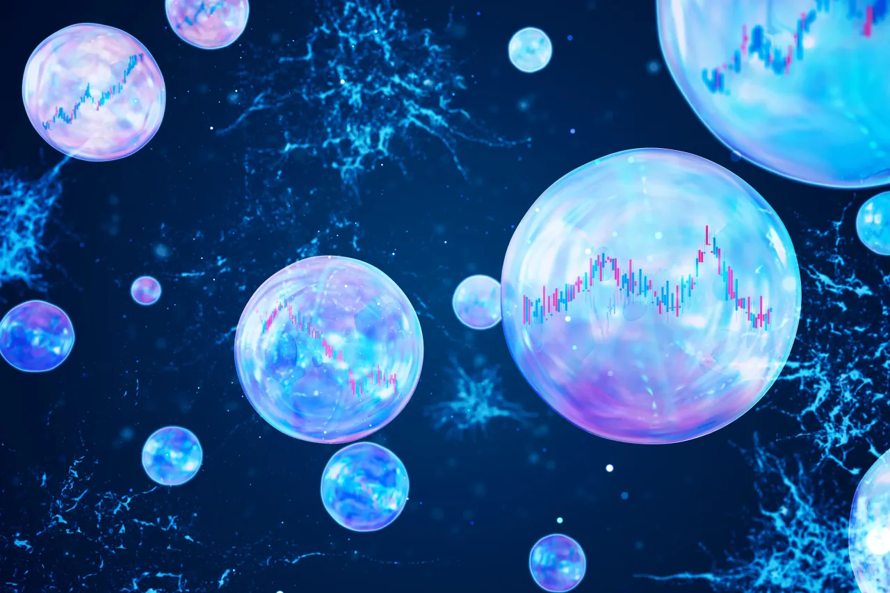 Abstract image of bursting stock market bubble on a dark background.