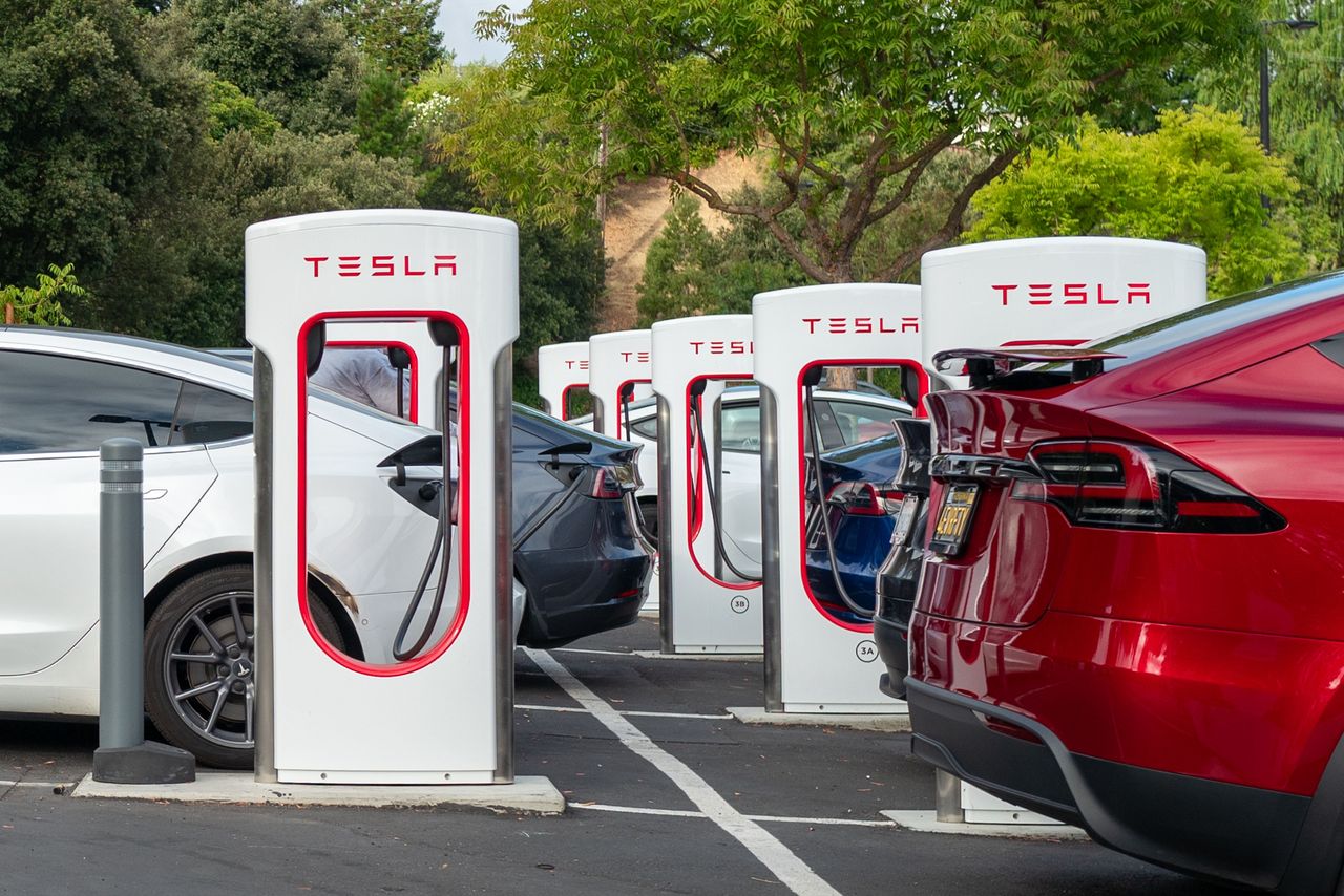 Tesla vehicles are seen charging at a Supercharger electric vehicle charging station, Walnut Creek, California, September 10, 2024. (Photo by Smith Collection/Gado/Getty Images)