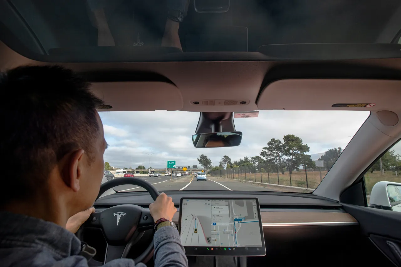 Tesla Model Y, equipped with FSD system. View of FSD system in action with Tesla dashboard display. (Edie Leong for The Washington Post via Getty Images)