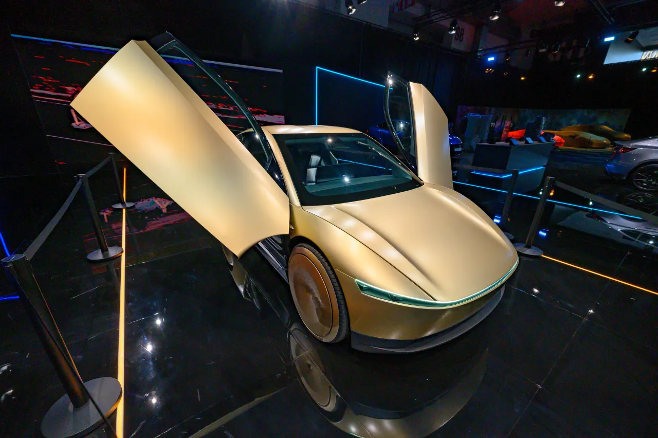 Tesla Cybercab or Robotaxi two-passenger battery-electric self-driving car on display at the AutoSalon on January 10, 2025 in Brussels, Belgium. (Photo by Sjoerd van der Wal/Getty Images)