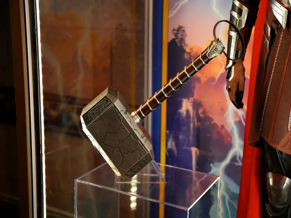 An original Mjolnir hammer prop held by actor Natalie Portman is on display at the "Thor: Love and Thunder" G.O.A.T. Marathon hosted by Nerdist at El Capitan Theatre on July 07, 2022 in Los Angeles, California. (Photo by Michael Tullberg/Getty Images)