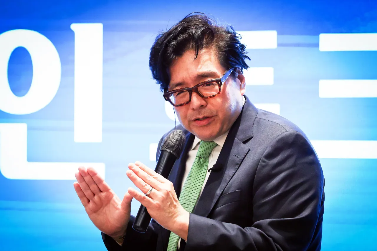 Tom Lee, the chairman of BitMine, speaks during the Fan Meetup at World Flagship Space Seoul on September 25, 2025 in Seoul, South Korea. (Photo by Myunggu Han/Getty Images for BitMine)