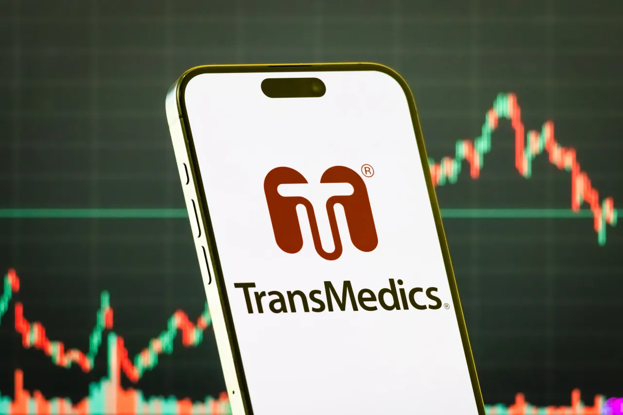 In this photo illustration, a smartphone displays the logo of TransMedics Group Inc. (NASDAQ: TMDX), a medical technology company focused on organ transplant therapy, on July 28, 2025. (Photo illustration by Cheng Xin/Getty Images)