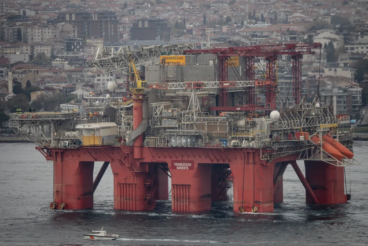 The Transocean Barents,is escorted by pilot boats as it navigates the Bosphorus Strait on November 14, 2024 in Istanbul, Turkey. (Photo by Chris McGrath/Getty Images)