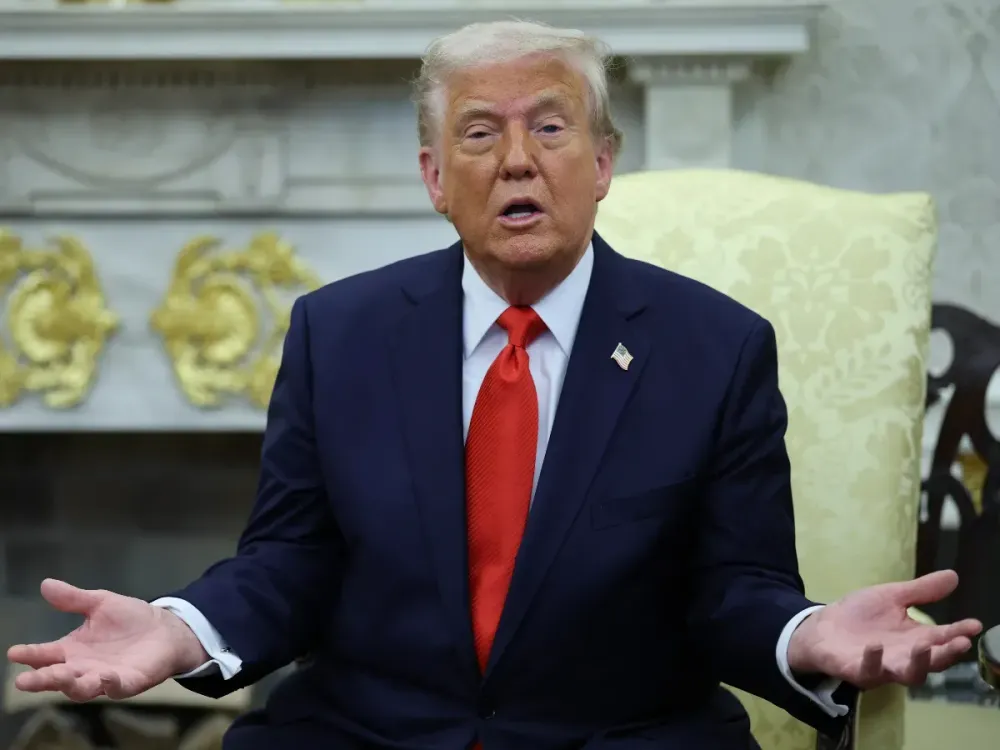 U.S. President Donald Trump speaks as he meets with President Nayib Bukele of El Salvador in the Oval Office of the White House on April 14, 2025 in Washington, DC. 