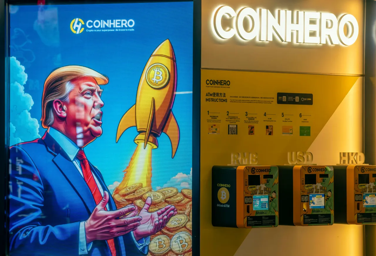 Coinhero Bitcoin ATM machine shop with Donald Trump's face on, Hong Kong, China. (Photo by: Bob Henry/UCG/Universal Images Group via Getty Images)