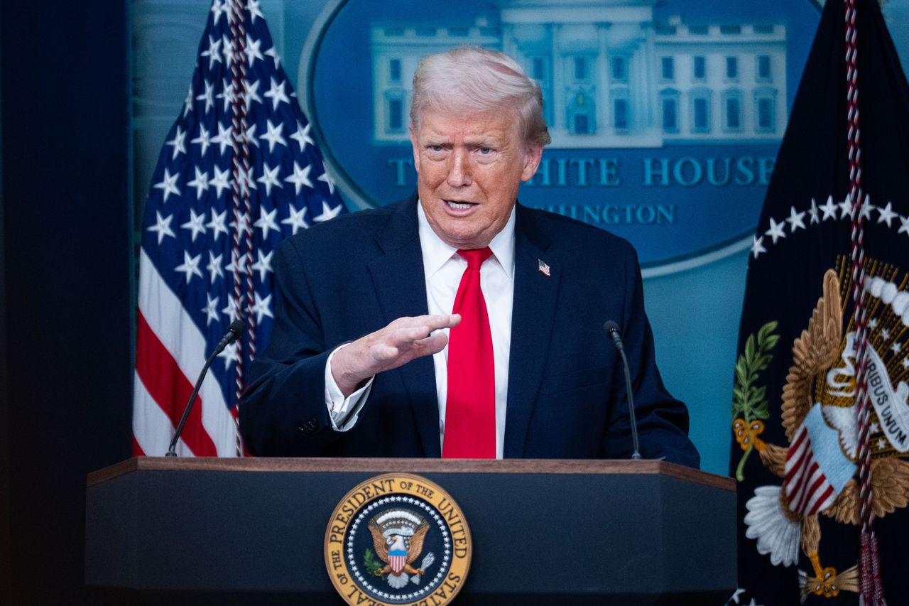 President Donald Trump speaks to the media in the White House briefing room on January 20, 2026. (Tom Williams/CQ-Roll Call, Inc via Getty Images)