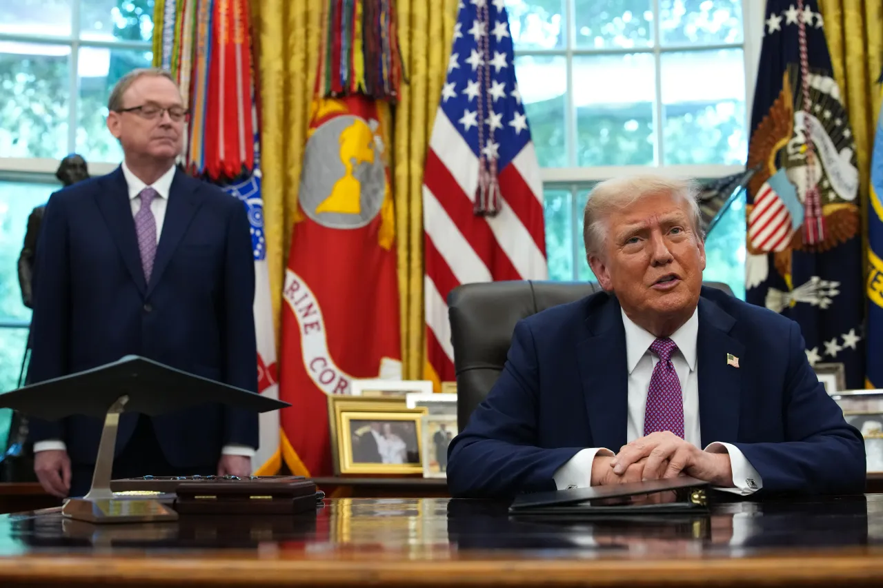Director of the National Economic Council Kevin Hassett (L) looks on as U.S. President Donald Trump speaks during a press availability in the Oval Office of the White House on September 05, 2025. (Photo by Kevin Dietsch/Getty Images)