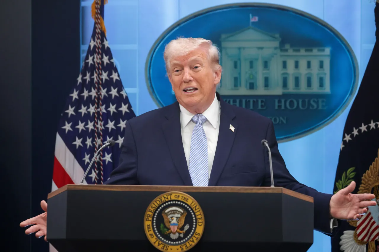 U.S. President Donald Trump speaks during a news conference in James S. Brady Press Briefing Room of the White House on April 06, 2026 in Washington, DC. (Photo by Alex Wong/Getty Images)