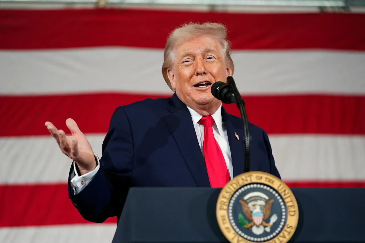 U.S. President Donald Trump speaks during a visit to the Fort Bragg U.S. Army base on February 13, 2026 in Fort Bragg, North Carolina. (Photo by Nathan Howard/Getty Images)