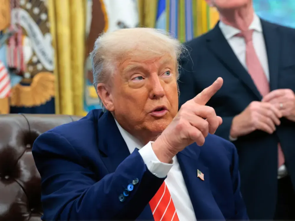 President Donald Trump addresses reporters at the White House on May 08, 2025 in Washington, DC. (Photo by Anna Moneymaker/Getty Images)