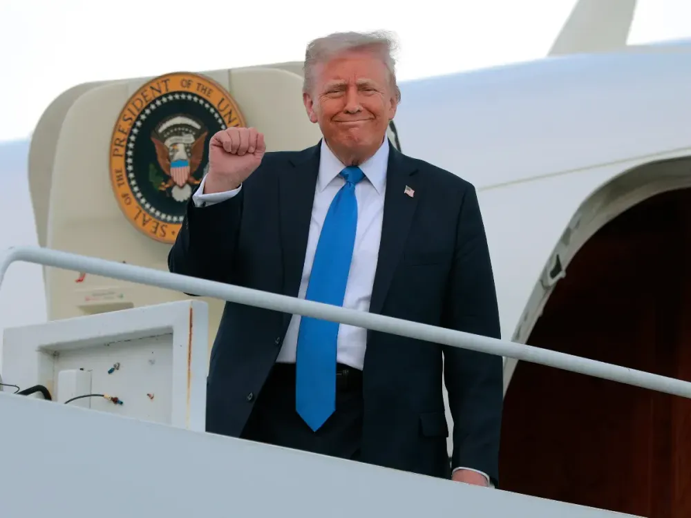 U.S. President Donald Trump disembarks from Air Force One at Tuscaloosa National Airport on May 01, 2025 in Tuscaloosa, Alabama. (Photo by Anna Moneymaker/Getty Images)
