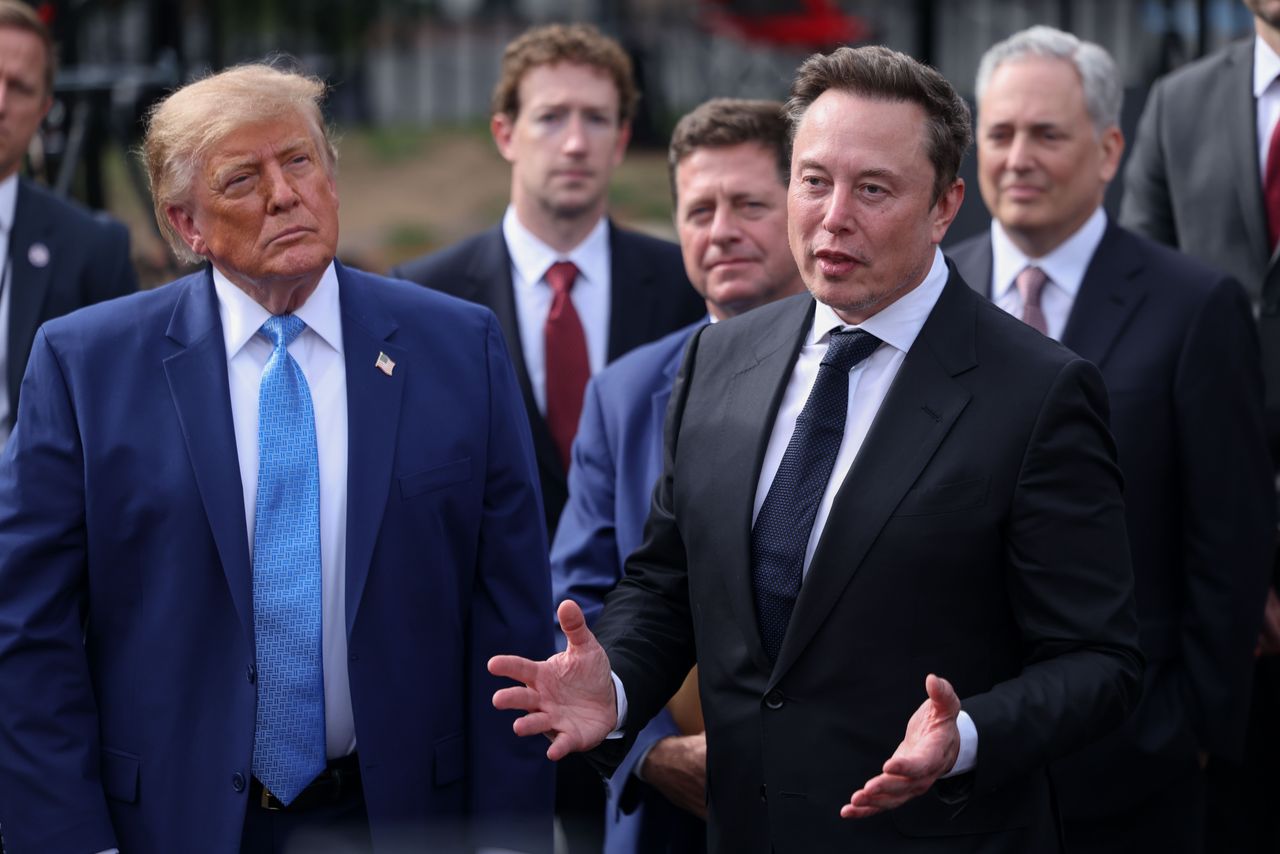 Tesla, X and SpaceX CEO Elon Musk speaks to reporters as US President Donald Trump looks on outside the White House on Tuesday, Sept. 29, 2026 in Washington, D.C. (Photo by Tierney L. Cross/Pool/For The Washington Post via Getty Images)
