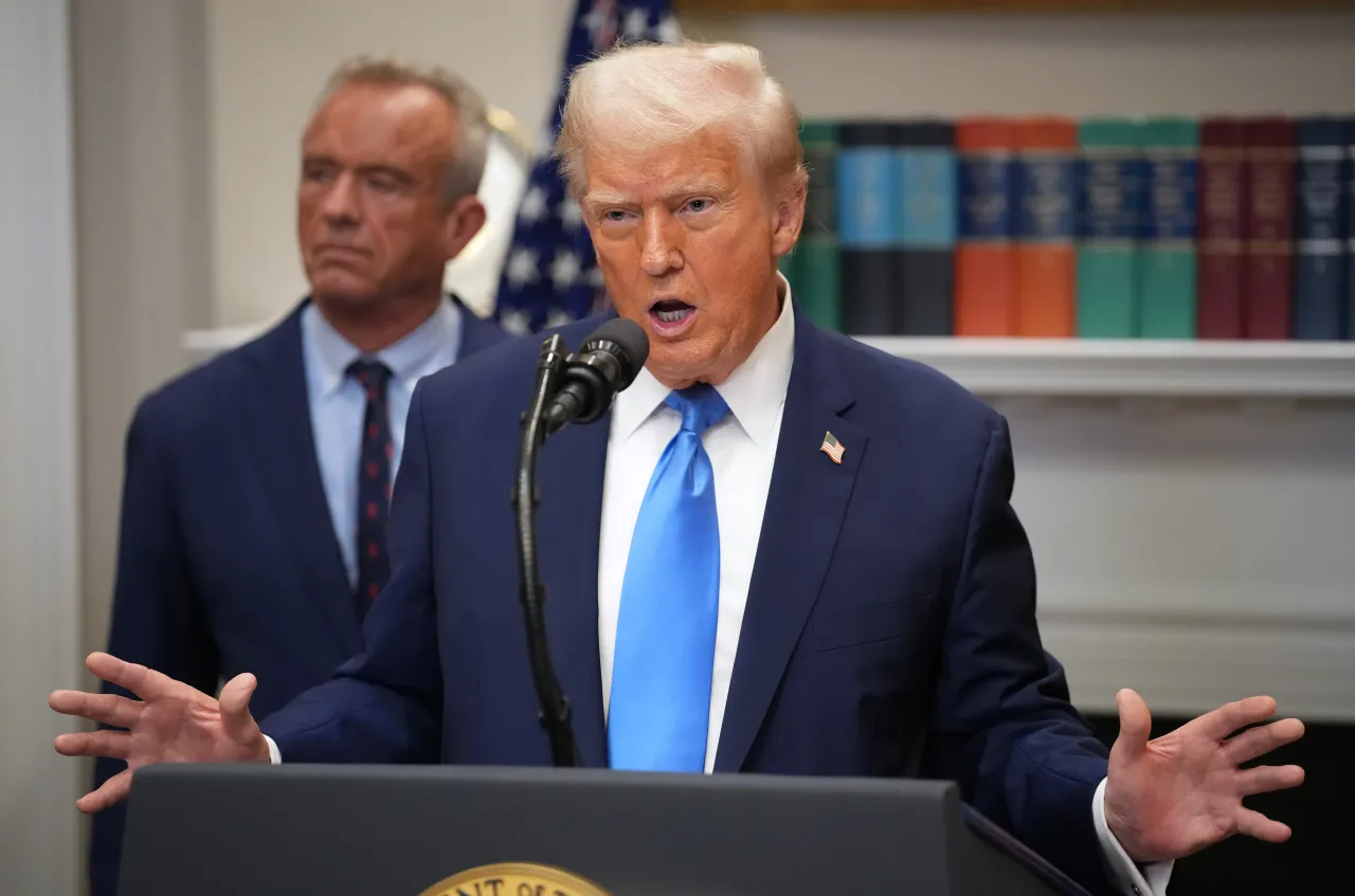 U.S. President Donald Trump answers questions after making an announcement on “significant medical and scientific findings for America’s children” in the Roosevelt Room of the White House on September 22, 2025. (Photo by Andrew Harnik/Getty Images)