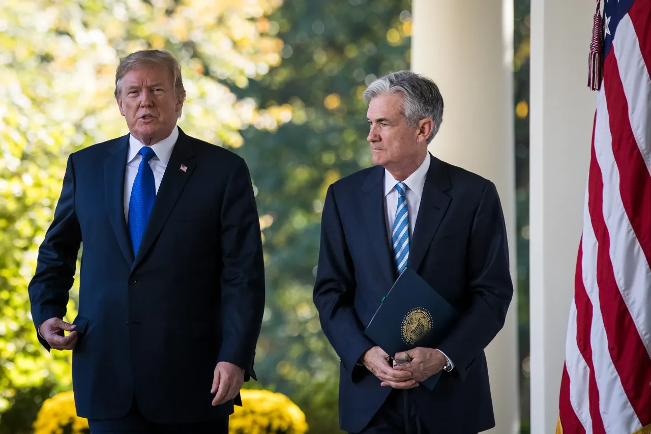 U.S. President Donald Trump walks with chairman of the Federal Reserve Jerome Powell on their way to a press event in the Rose Garden at the White House during his first term on November 2, 2017 in Washington, DC. (Photo by Drew Angerer/Getty Images)