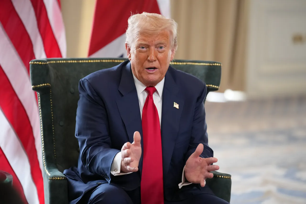 U.S. President Donald Trump gestures as he meets British Prime Minister Keir Starmer for bilateral talks at Trump Turnberry golf club on July 28, 2025 in Turnberry, Scotland. (Photo by Andrew Harnik/Getty Images)