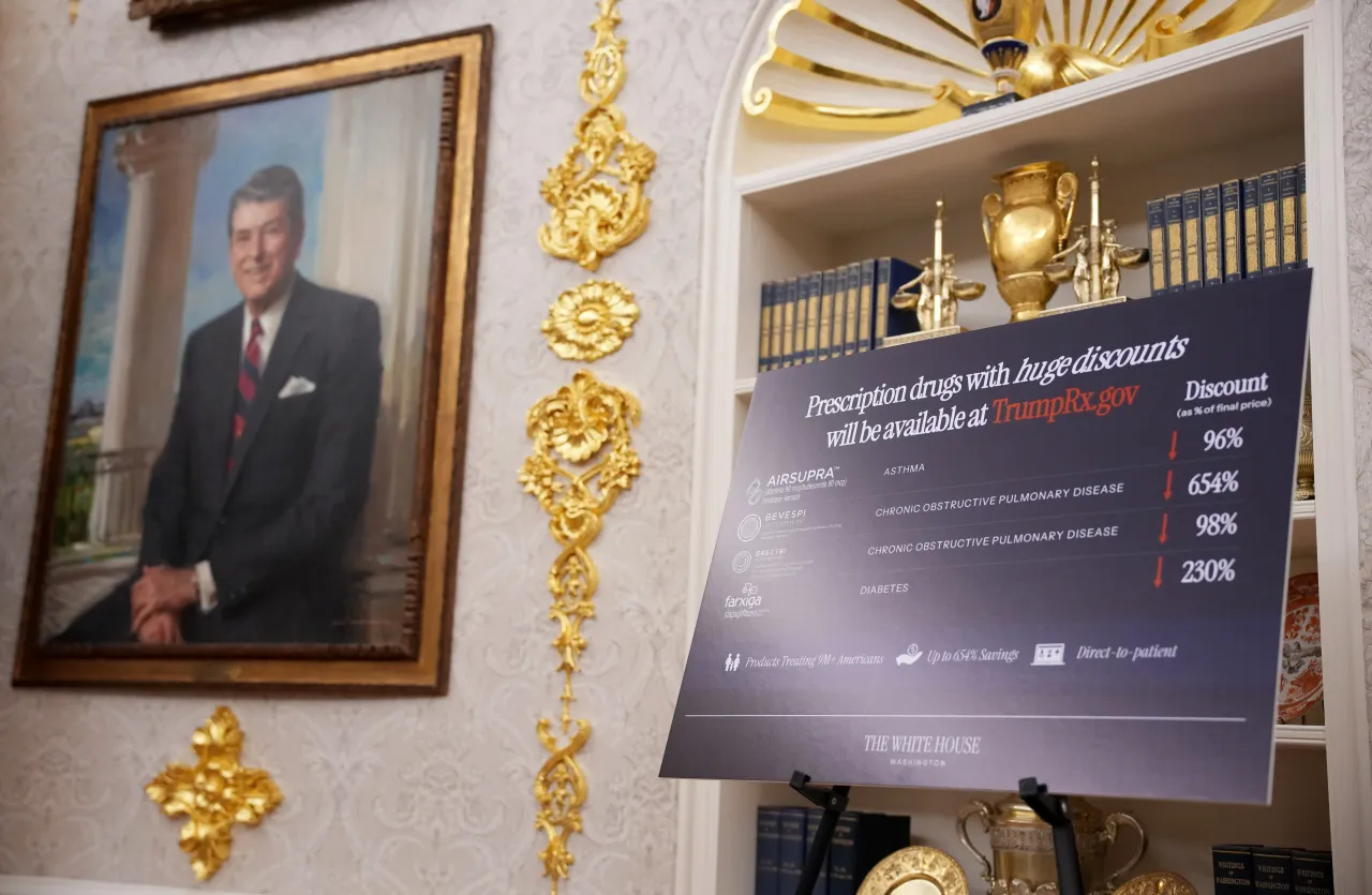 A board displays prescription drug price discounts to be available at TrumpRx.gov on October 10, 2025. (Photo by Andrew Harnik/Getty Images)